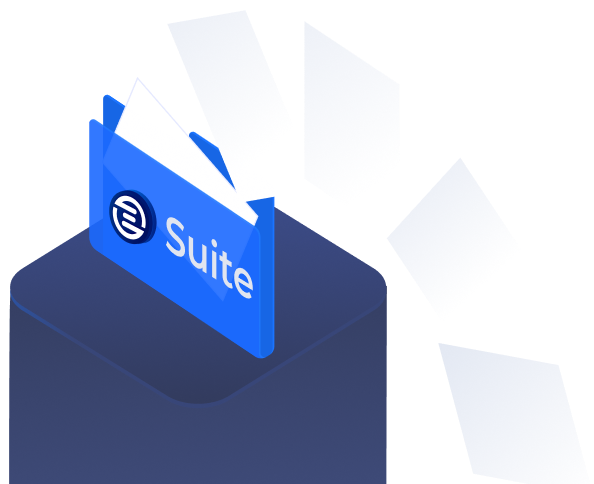 Isometric illustration of a blue folder with 'Suite' text and papers flying out